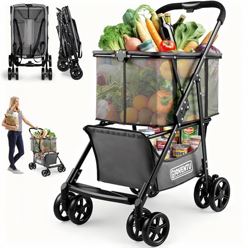 𝟐𝟎𝟐𝟓 𝐔𝐩𝐠𝐫𝐚𝐝𝐞𝐝 Folding Shopping Cart with Wheels, 80lbs Multi Use Grocery Carts with 360° Wheels & Removable Tote Bag, Multifunctional Portable Personal Shopping Carts for Groceries, Black