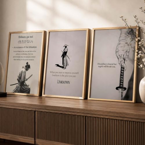 Image of kotart Japanese Samurai Motivational Art Wall Framed Posters | Aesthetic Japanese Theme Framed Poster for Living Room Bedroom Gaming Room Studio Wall Decor Set Of 3 (13X17 inch)