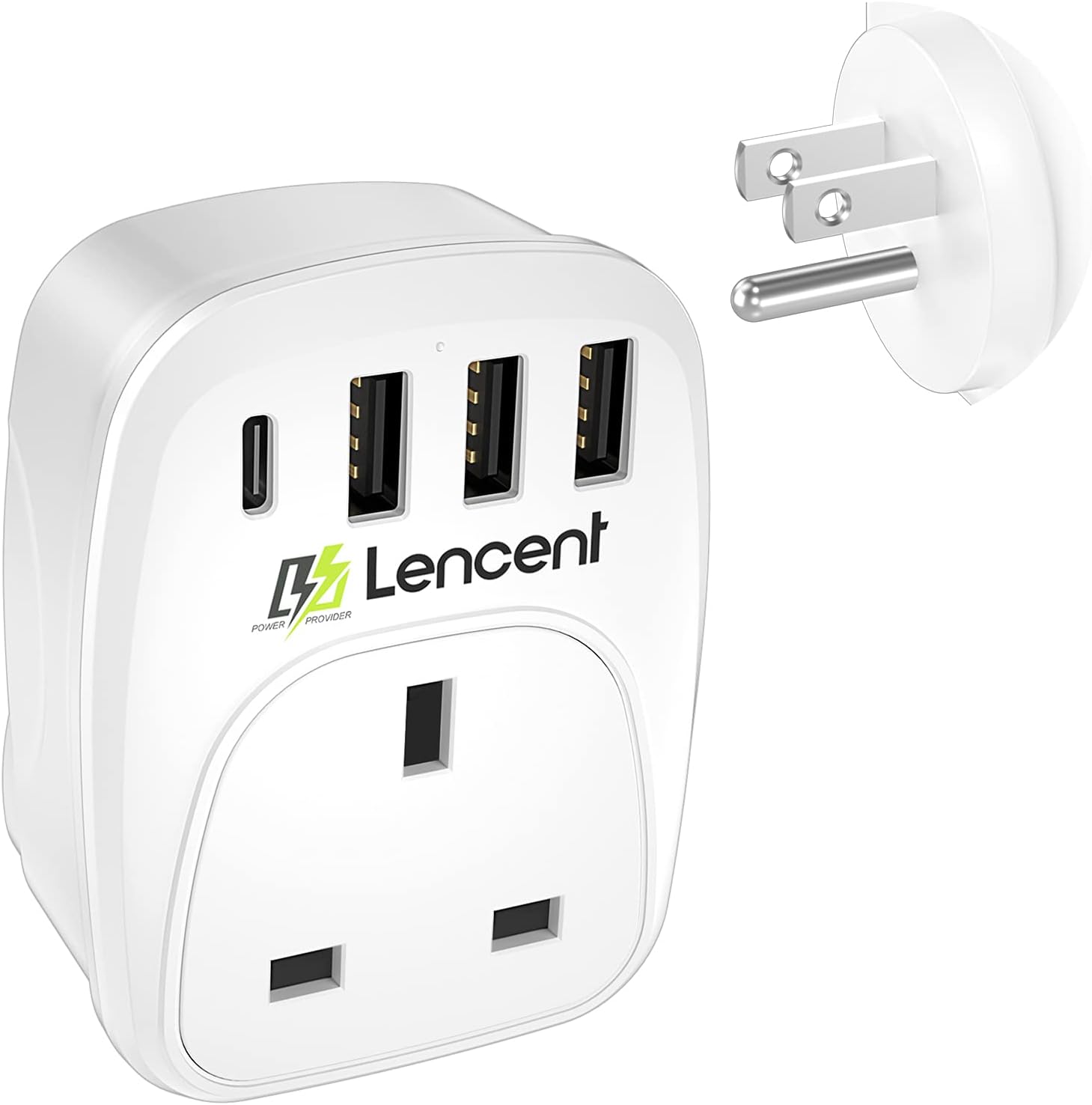 LENCENT UK to US Plug Adapter with 3 USB Ports and 1 Type C, Grounded America Travel Adapter for USA Mexico Canada Thailand and More (Type B)