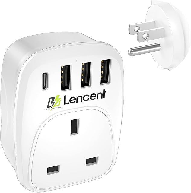 UK to US Plug Adapter with 3 USB Ports and 1 Type C, LENCENT Grounded America Travel Adapter for USA Mexico Canada Thailand and More (Type B)