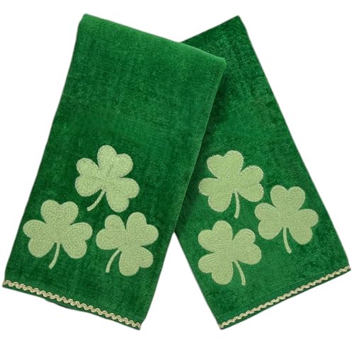 Serafina Home St. Patrick's Day Irish Kitchen Bath Guest Hand Towels: Soft Absorbent Embroidered Green Shamrocks Clovers Trio, 100% Cotton, Green, 16