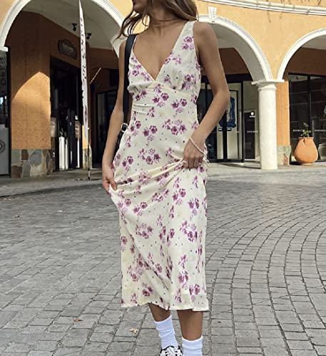Women Vintage Spaghetti Strap Maxi Dress Y2K Elegant Bodycon Long Dress Backless See Through Mesh Dress Sexy Club Party Dress(B8-Yellow Flower,S)