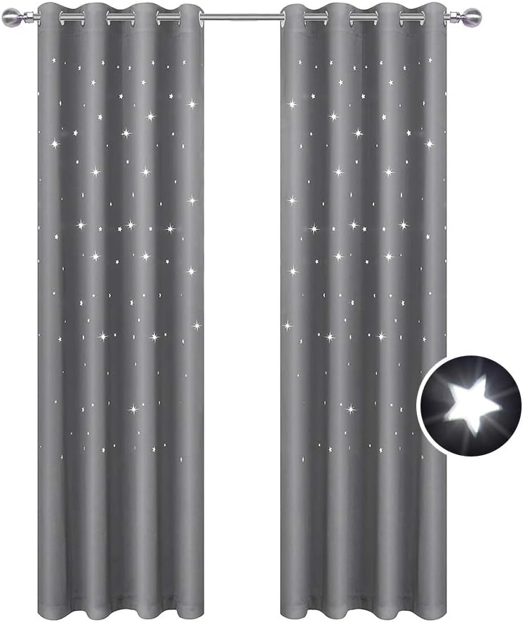 BUZIO 2 Panels Twinkle Star Curtains, Thermal Insulated Blackout Curtains with Punched Out Stars for Space Themed Nursery and Bedroom (52 x 84 Inches, Space Grey)