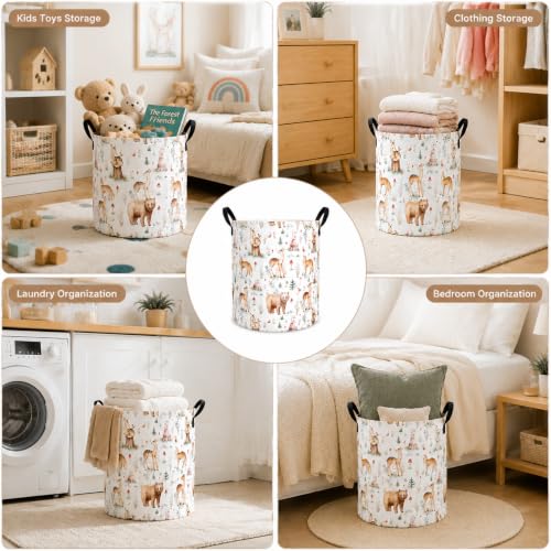 Image of MAIZMZ Woodland Animal Storage Bin, Waterproof Lining Laundry Basket with Leather Handles for Kids Room, Gifts