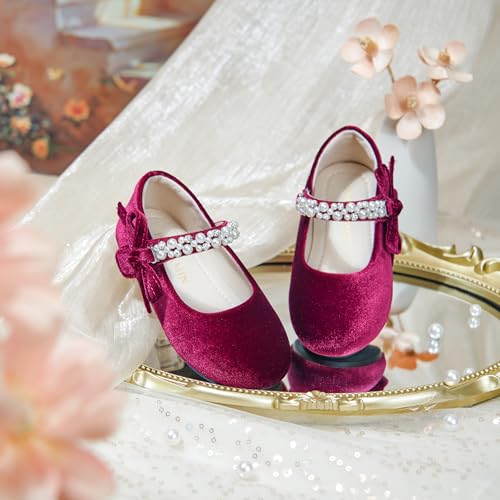 PHIRAMIN Toddler Flower Girl Velvet Burgundy Dress Shoes Size 9 - Little Girl Flats for Wedding by PHIRAMIN - Image 3