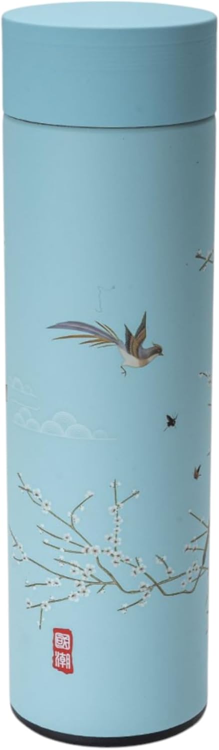 Urban Tokyo Vacuum Insulated Coffee Tea Travel Thermal Flask Water Bottle with Removable Strainer Featuring Elegant Asian Art Design 16.9 fl oz (Light Blue)