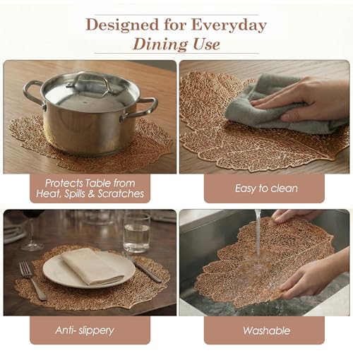 Image of Kuber Industries Leather Table Mats Set of 6 | Washable Placemat /Dining Table Mat for Wedding and Family Functions | Patta Design - Copper