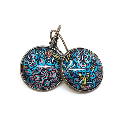 By Capucine - Boucles d'Oreilles Dormeuses cabochon verre fleurs feuilles - turquoise, bleu, jaune - Fleurs des Tropiques