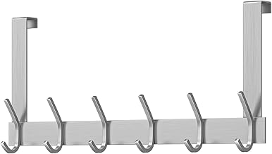 Dripex Door Hook for Hanging with 6 Hooks, Stainless Steel Door Coat Rack for German Doors, Clothes Hook Door No Drilling, Coat Hook Door for Kitchen, Bathroom, Hallway and Bedroom, Silver
