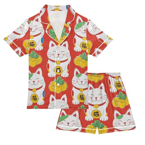 Girls Pajama Lovely Sleepy Pjms for Child Break Wear 5-6Y Japanese Lucky Cat Red
