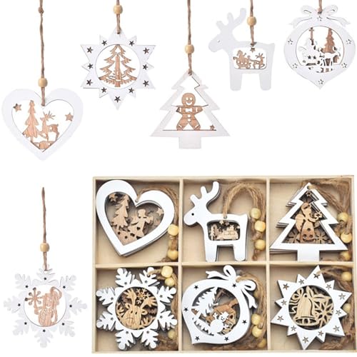 Lot de 24 décorations de sapin de Noël en bois DIY - Décoration de Noël en bois - Décoration suspendue - Couronne d'arbre de Noël - Étoile à cinq branches - Bonhomme de neige - Pour la décoration de