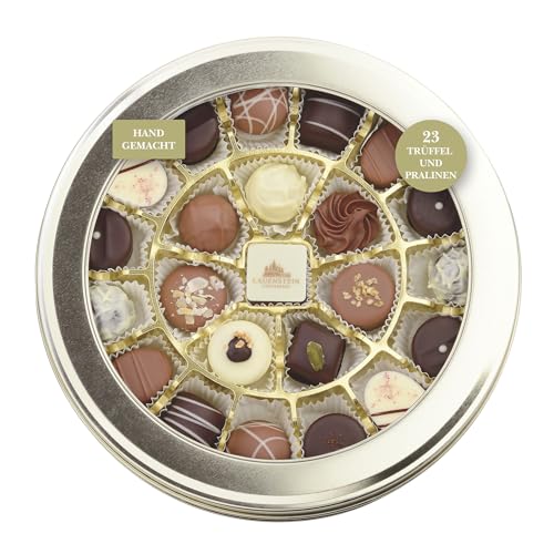 Lauenstein Confiserie – Lata redonda | 300 g de bombones y trufa, 17 modelos surtidos con o sin alcohol, regalo ideal para mujeres y hombres, 1 unidad