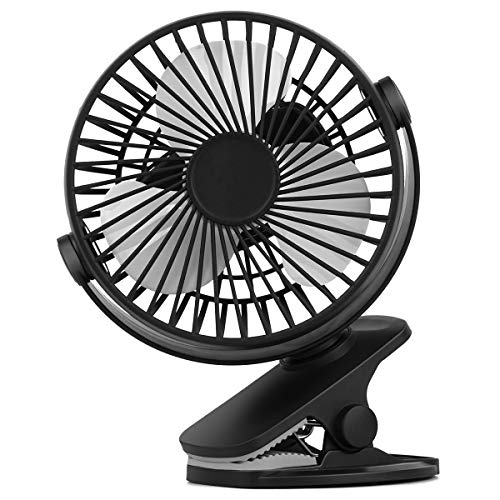 Vaincre 360° Rechargeable USB Clip On Mini Desk Fan, Black Portable Table-Top Fan Fully Adjustable Head, Three Quiet Speeds, Ideal for Office, Home, Travel and more