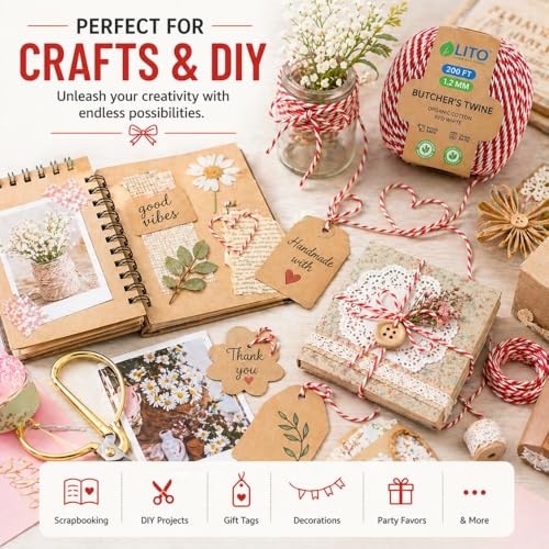 Image of LITO LINEN AND TOWEL 100% Cotton Twine Macrame Thread | Natural Cotton String for Cooking, Baking, Wrapping, Crafts, DIY Garden Decor & Gift Packaging (Red & White, 200 FEET)