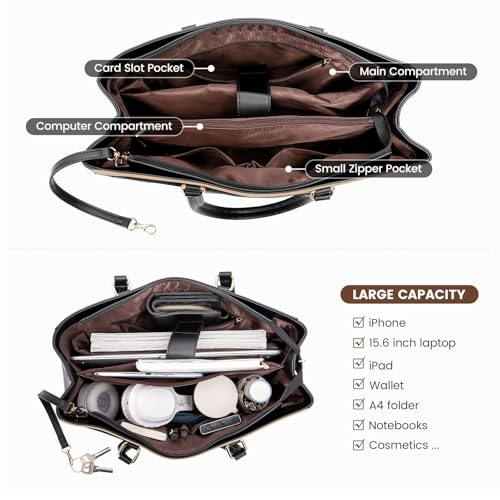 Image of LOVEVOOK Laptop Bag for Women 17.3 Inch Tote Bags Waterproof Leather Briefcase Computer Women Business Office Work Bag,Black /Coffee /Light Brown
