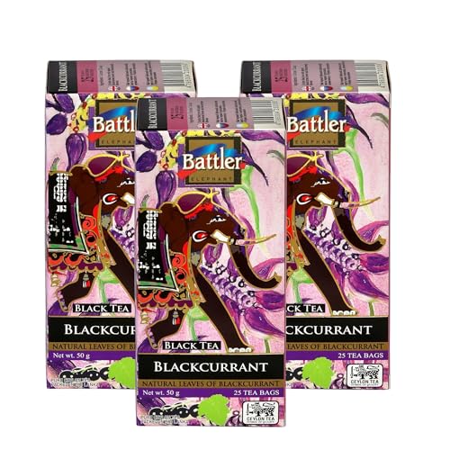 Battler Té negro de Ceilán con grosella negra, paquete múltiple de 3 x 25 (2 g cada uno), bolsitas de té de doble cámara con cuerda y etiqueta, té con sabor premium
