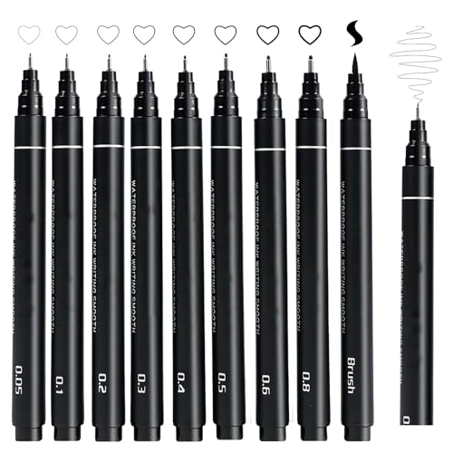 9pcs Black Fineliner Pens, Felt Tip Pens for Artist, Black Waterproof Ink Pens,Calligraphy Pen Set for Beginners,Black Brush Marker Pens for Writing, Signature, Illustration, Design and Drawing