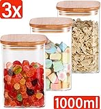 3 Stück Luftdichte Vorratsgläser Quadrat mit Bambusdeckel und 6 Dichtungen aus Silikon. Glasbehälter Volumen: 1 Liter I Höhe: 15 cm I Breite und Länge: 10 cm
