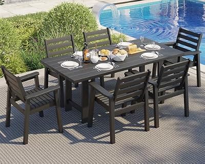 AMERLIFE 7-Piece HDPE Outdoor Dining Table Set with 6 Chairs, 71" L Patio Dining Furniture Set with Umbrella Hole, Modern Dinner Table & Chairs Set for Garden, Backyard, Poolside, Black
