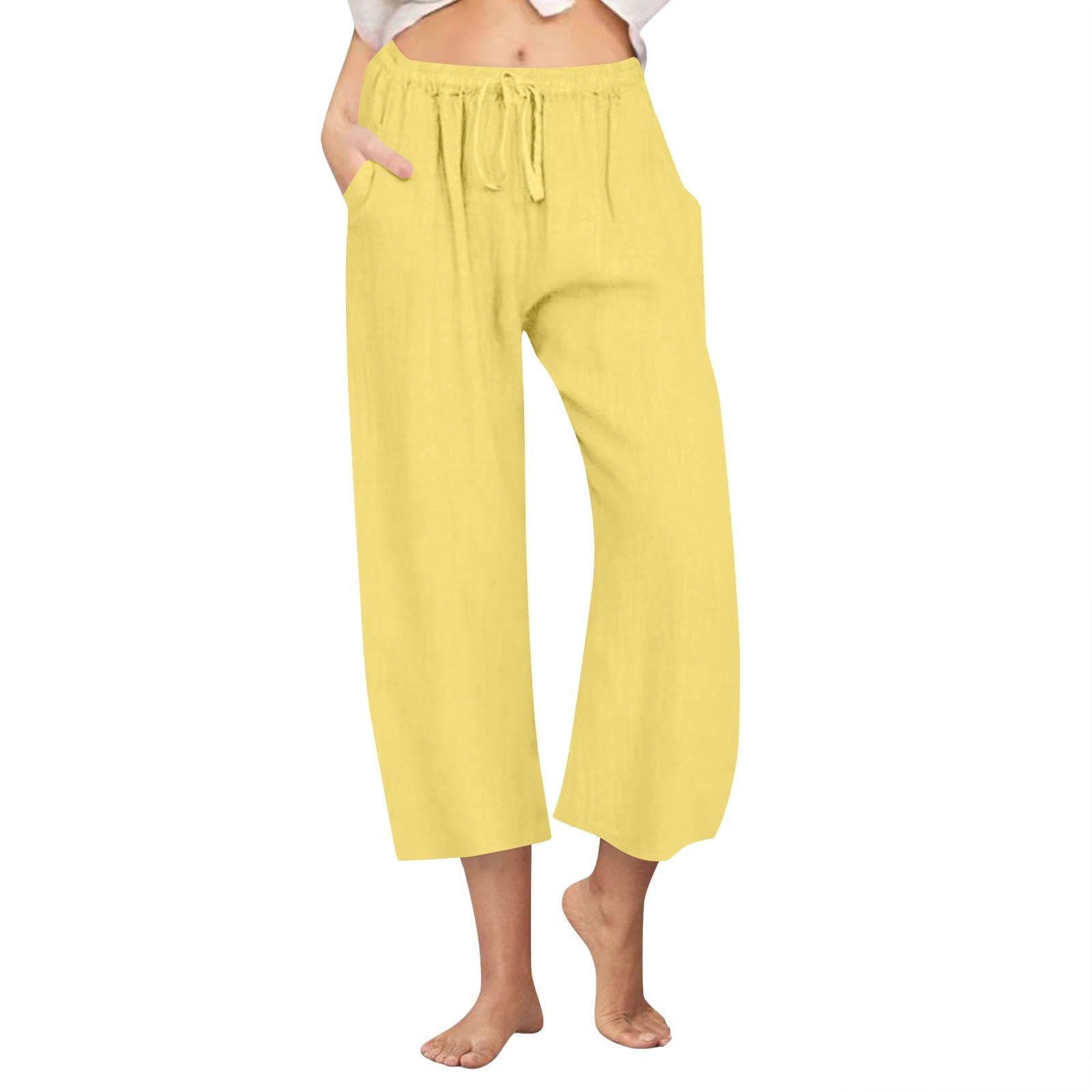 Cotton Linen Pants for Women 2025 Wide Leg Cropped Lounge Trousers Drawstring Elastic Waist Summer Capri Pant