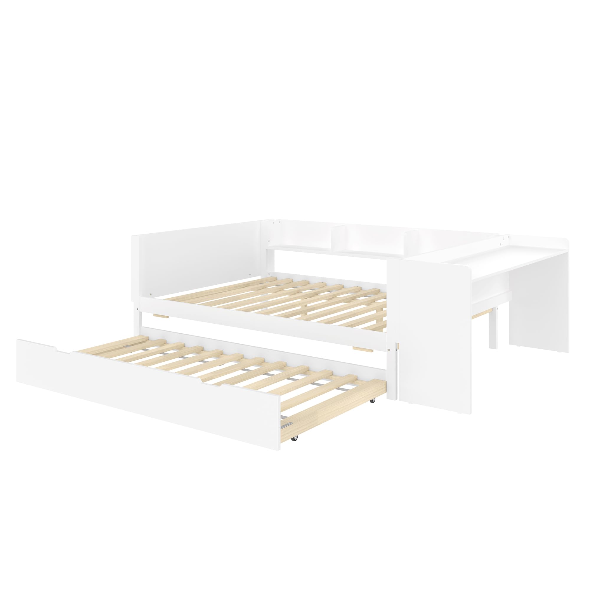 Cama de madera, con escritorio, con cama oculta, cama nido, cama doble (sin colchón), con estantes (Blanco, 140cmx200cm)