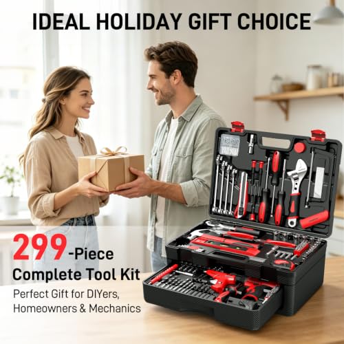 PULITUO 299-Piece Home Tool Set w/ 12V Cordless Drill & Toolbox w/ Drawer - image 8