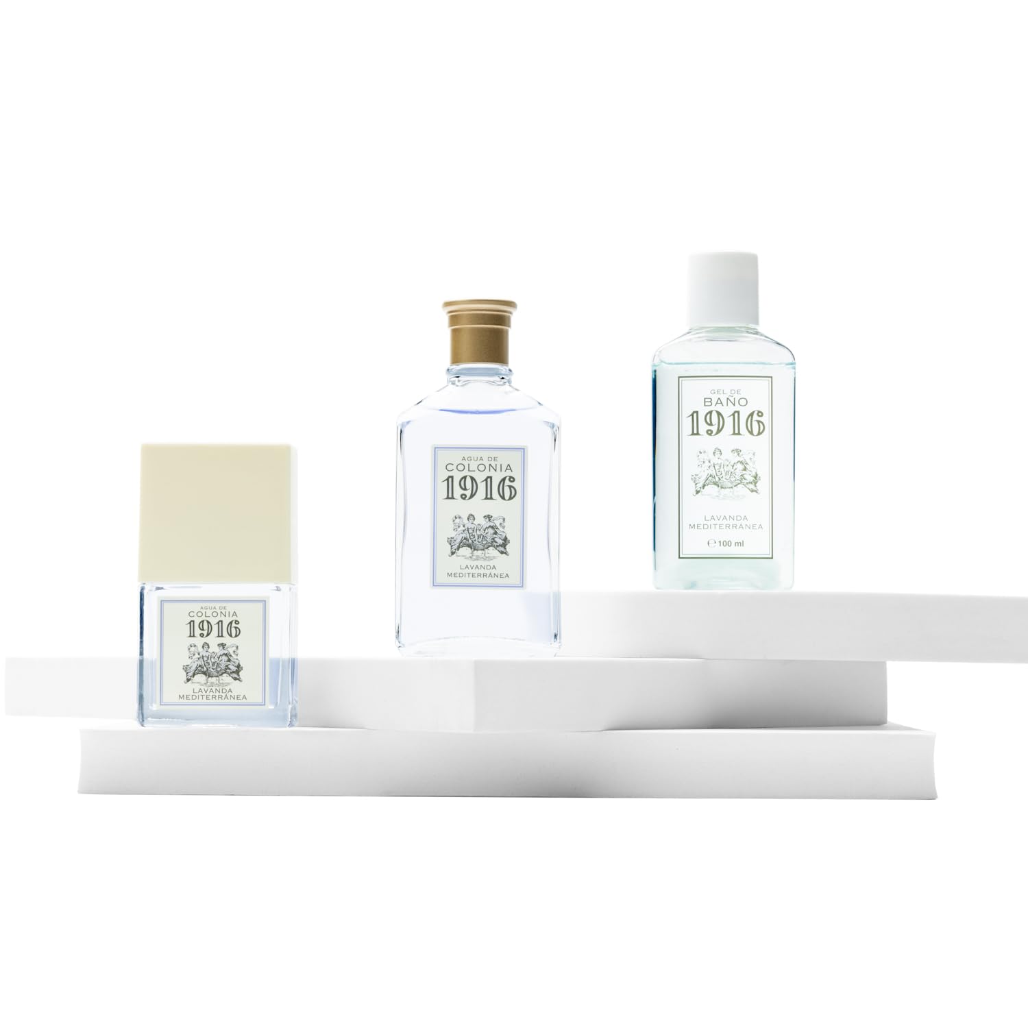 1916 - Lavanda Mediterránea Estuche de Regalo Mujer y Hombre, Agua de Colonia, Colonia 100 ml + 30 ml + Gel de Baño 100 ml, Perfume Unisex, Fragancia Fresca y Floral, Aroma de Larga Duración