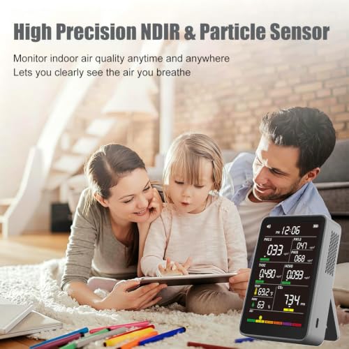 Image of 16-in-1 Indoor Air Quality Monitor, High-Precision Multi-Parameter Smart Air Quality Tester with HD Real-Time Color Screen, Portable Air Quality Monitor for Home, Office, Cars, Bedroom (Light Gray)