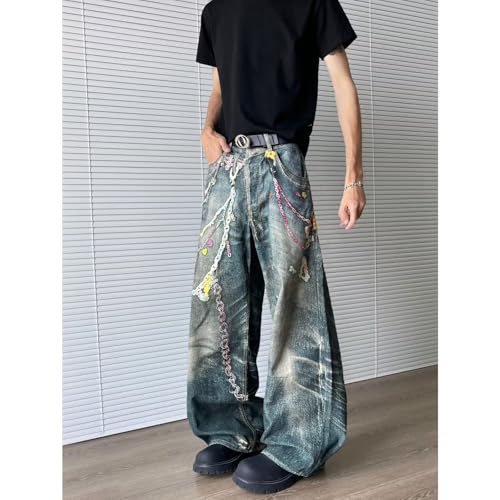 Men's Retro high Street Hip-hop Chain Printed Jeans Punk Y2K high Waist Wide Leg Harajuku Hip-hop Pants3