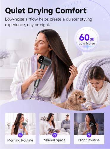 Image of Hair Dryer with Diffuser, Ionic High-Speed Blow Dryer 600 Million Negative Ions, Fast Drying, Quiet & Lightweight Hair Dryer for Women & Men, Smart Touch Screen Professional Hairdryer for Curly Hair