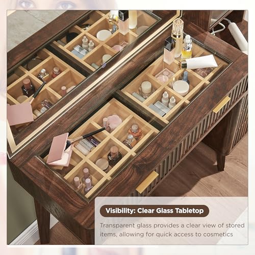 Image of T4TREAM 48 inch Fluted Makeup Vanity Desk with 36 inch Lighted Mirror, Dark Walnut