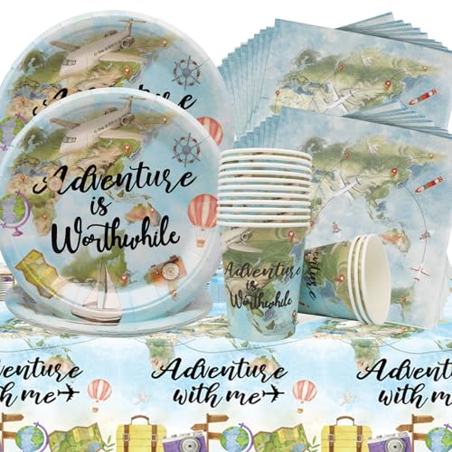Doyomtoy Lot de 53 décorations de fête à thème de voyage - Avec assiettes de voyage, tasses, nappes, serviettes de table, carte du monde - Décoration de...
