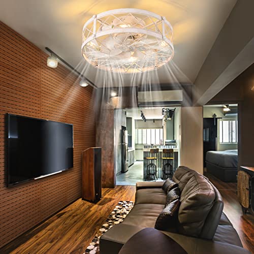 Flush Mount White Caged Ceiling Fan with Light, 20" Small Bladeless Ceiling Fan and Remote, Rustic Low Profile Ceiling Fans 4-Speed Reversible Enclosed Ceiling Fans for Bedroom Kitchen Farmhouse - Image 3