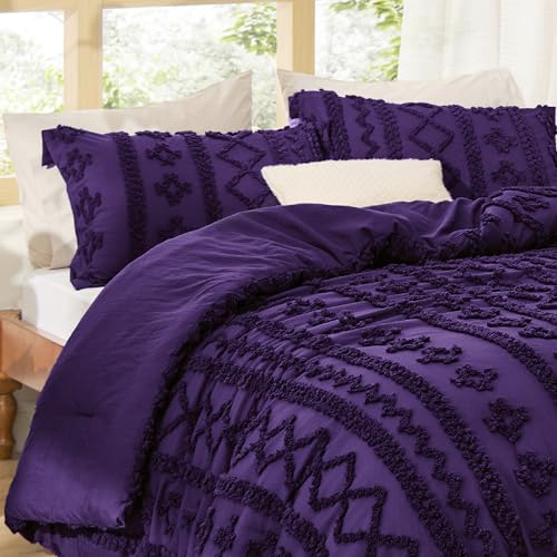 Bedsure Tufted Boho Comforter Set Queen Size - Purple Boho Bed Set, GentleSoft™ 3 Pieces Farmhouse Shabby Chic Embroidery Bedding, Gifts for Woman, Soft Jacquard Queen Comforter for All Seasons