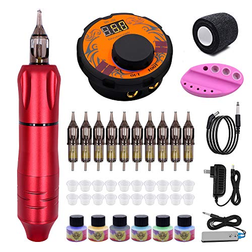 Rotary Pen Tattoo Machine kit-BMX Cartridge Tattoo Pen Kit Tattoo Power Supply and Foot Pedal Cartridge Needles for Beginers Tattoo Artists(Red)