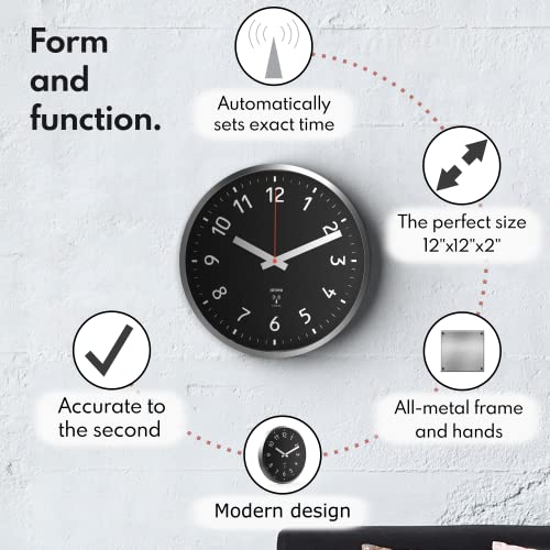 Driini Analog Atomic Wall Clock – Self Setting And Battery Operated – 12’’ Brushed Silver Metal Frame With Black Face – Easy To Read Indoor Clocks For Bedroom, Kitchen, Office, School Or Gym. #TOP1