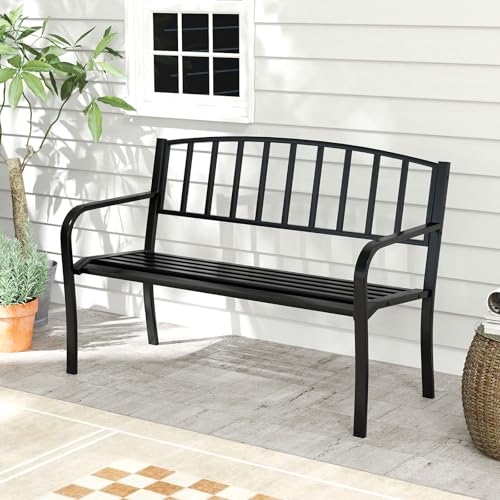 Image of Giantex Metal Outdoor Bench, Patio Garden Bench with Backrest, Curved Armrests, Slatted Seat for 2-3 Persons, 660 LBS, Heavy-Duty Outside Seating Loveseat for Yard, Porch, Park, Black