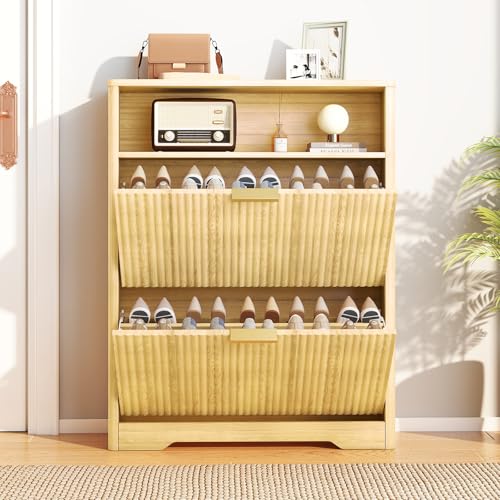 Image of Rovibek Shoe Cabinet Storage for Entryway, Narrow Shoe Rack with 2 Flip Drawers, Wood Fluted Shoe Cabinet Mid-Century & Rounded Corner Design, Hidden Shoe Storage for Entryway,Natural