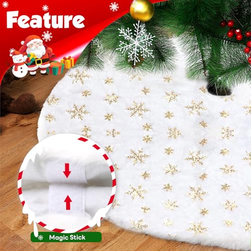 Christmas Tree Skirt 36 Inch, Holiday Part Decorations for Christmas Tree, Whit Plush Gold Sequin Snowflake Tree Shirt for Xmas - Thumbnail 4