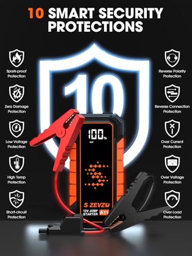 S ZEVZO A11 Jump Starter, Upgraded 5000A Car Battery Jumper Starter Portable (10.0L Gas & 7.0L Diesel Engines) with Booster 12V Lithium Jump Box with USB Charger, LCD Display, Flashlight, and Case - Image 7