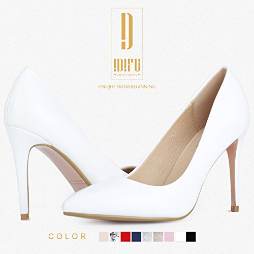 Idifu Women's In4 Classic Pointed Toe High Heels Pumps Wedding Dress Office Shoes (White Pu, 8.5 B(M) Us) #TOP1