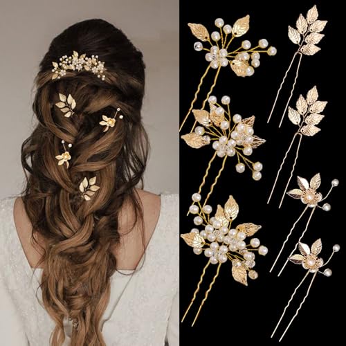 7 Pieces Gold Hair Pins for Women Wedding HairPieces for Brides Pearl Crystal Bridal Hair Accessories Vintage Decorations Bride Bridesmaids
