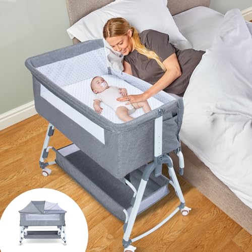 Image of PEARLOVE 3 in 1 Bedside Bassinet, Newborn Baby Bassinet with Wheels, Baby Bassinet Bedside Sleeper, Crib