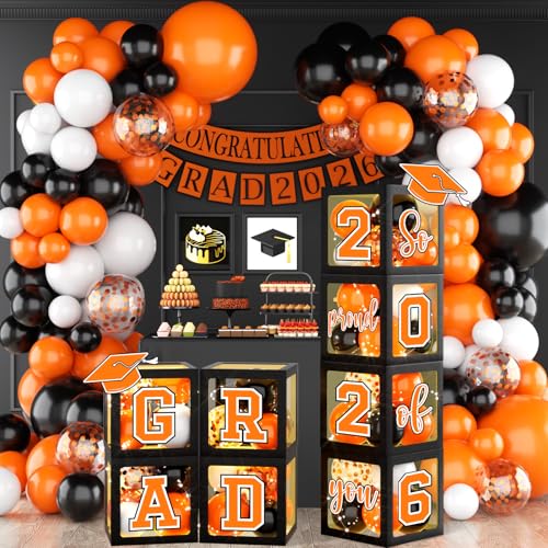 2026 Graduation Party Decorations Class of 2026 Balloon Boxes with Letters 2026 Grad & So Proud of You Congrats Grad Party Decorations 117pcs Balloons for Any Grades Class Grad Party (Black Orange)