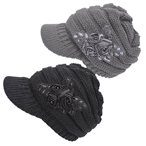 Women's Cable Knit Visor Hat with Flower Accent