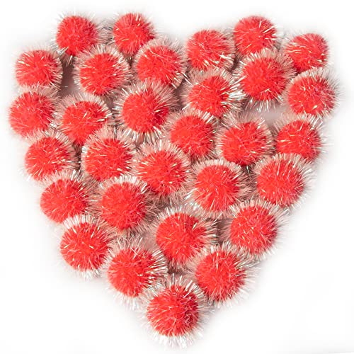 VAPKER 30 Pcs Cat Ball Toys Sparkle Balls Extra Large 2 Inch Cat's Favorite Chase Glitter Ball Glitter Tinsel Pom Poms Balls Red Color