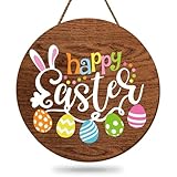 Whaline Happy Easter Wooden Hanging Sign Colorful Egg Bunny Rabbit Door Sign Farmhouse Rustic Front Door Hanger Sign for Spring Holiday Indoor Outdoor Home Porch Window Decor