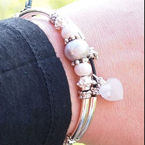 Lizzy James Ria Adjustable 2 Strand Silver Bracelet In Natural Black Leather With Pearl For Women With 2 Quartz Heart Charms #TOP6