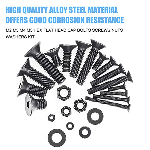 DYWISHKEY 1220 Pieces M2 M3 M4 M5, 10.9 Grade Alloy Steel Hex Flat Head Cap Bolts Nuts Washers Assortment Kit with Hex Wrenches