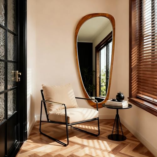 Image of Asymmetrical Mirror, 48 inchx22 inch Irregular Mirror Full Length, Wood Wall Mirror for Bathroom Bedroom Living Room Entryway Hallway, Mid Century Modern Decor (Natural Wood)